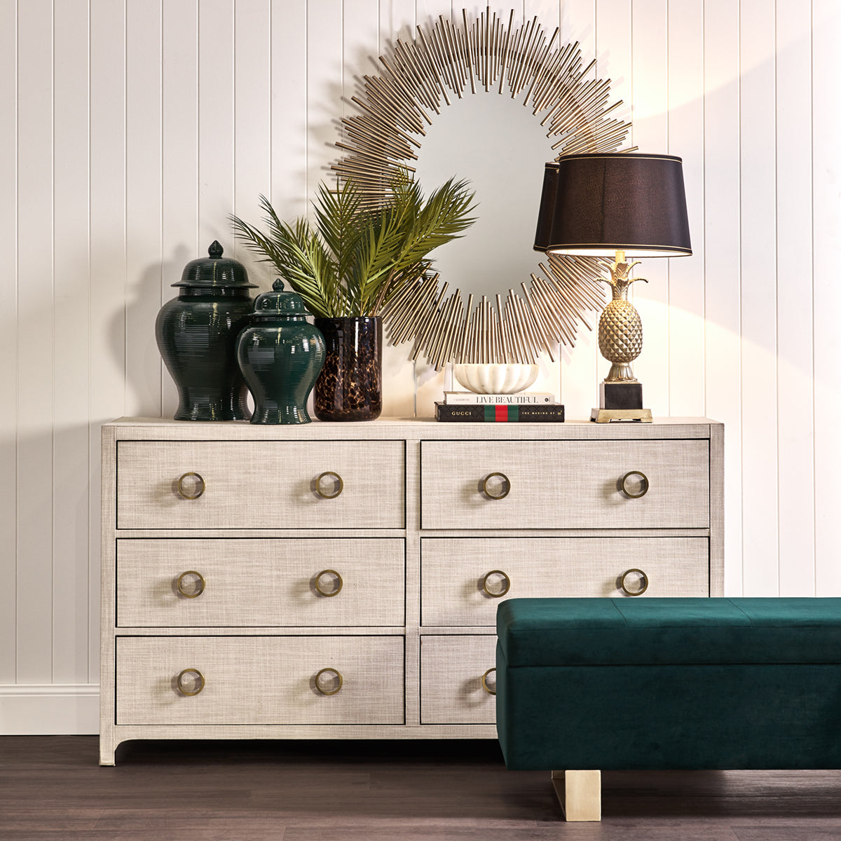 ASTLEY 6 DRAWER UPHOLSTERED NATURAL CHEST NATURAL